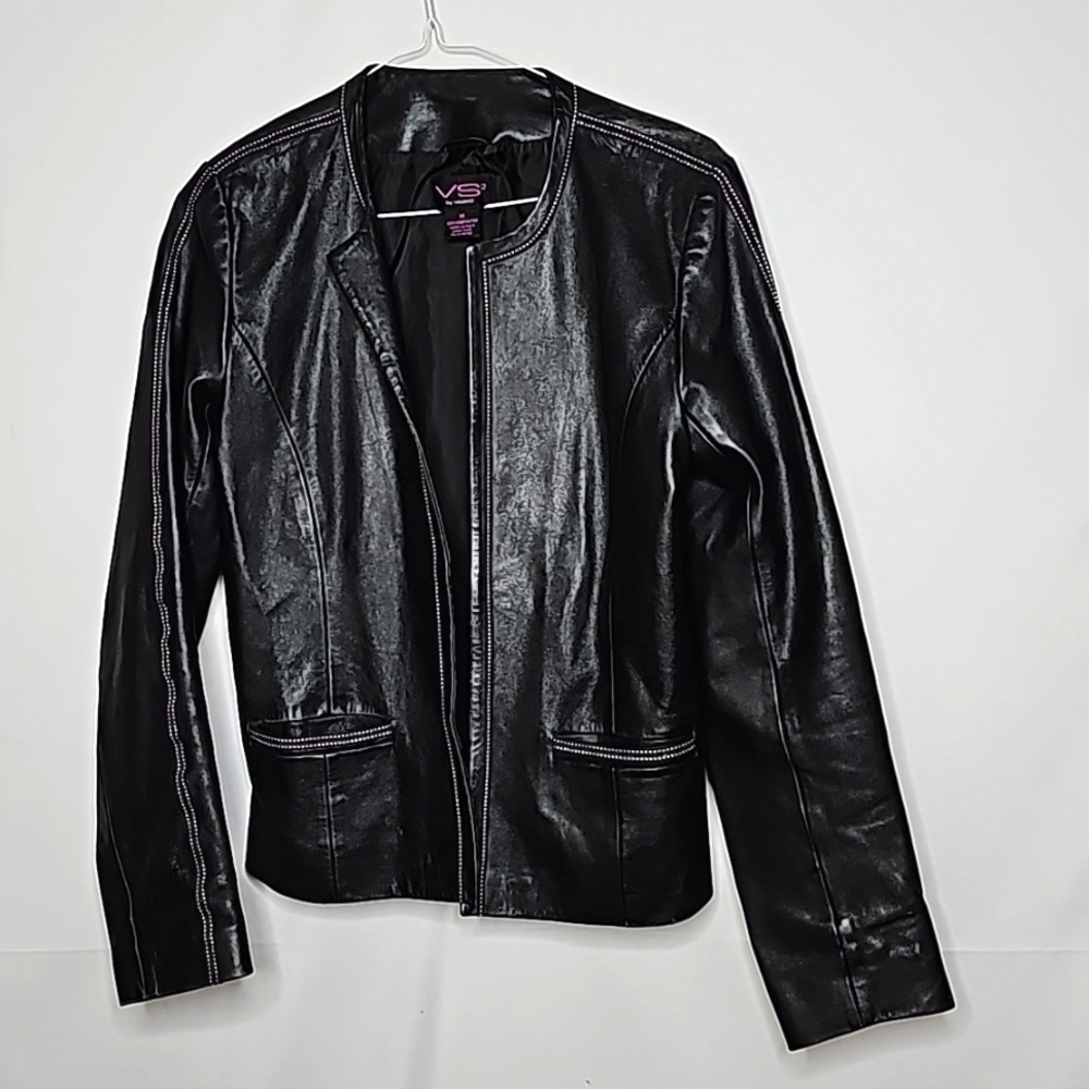 VS2 by Vakko 100% pure lamb leather rare white stitch open moto jacket sz Med